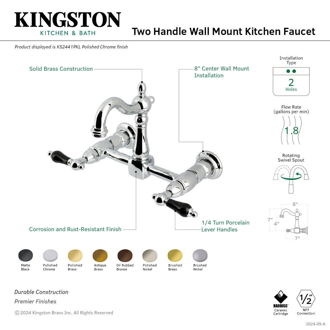 Kingston Heirloom KS2441PKL - Duchess Two-Handle 2-Hole Wall Mount Bridge Kitchen Faucet, Polished Chrome — thumbnail 2